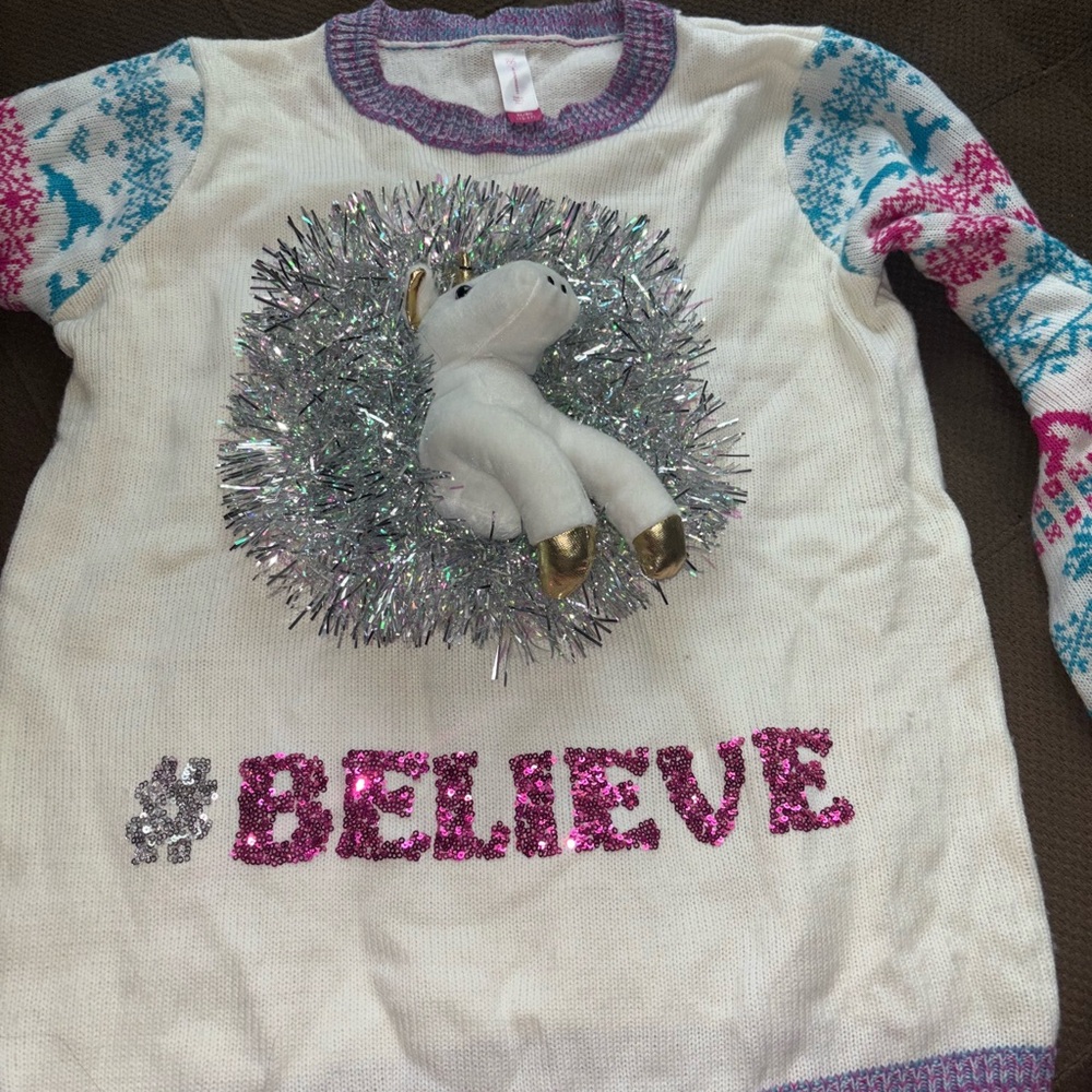 Unicorn Believe Kids Sweater - White and Pink